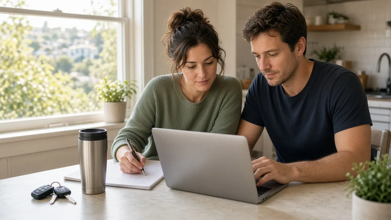 Couple reviewing their monthly budget on a laptop before buying a home in Corona, CA and commuting on the 91