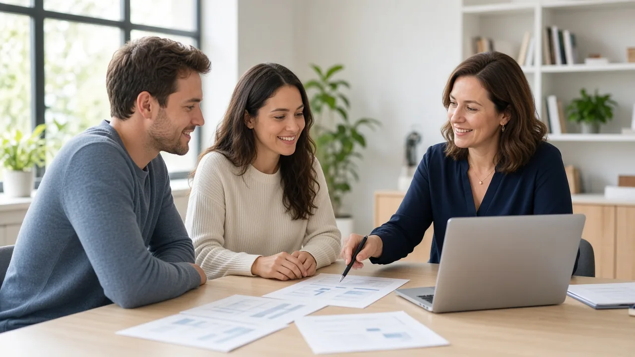 Loan officer explaining FHA mortgage insurance and loan options to a young couple in Riverside, CA