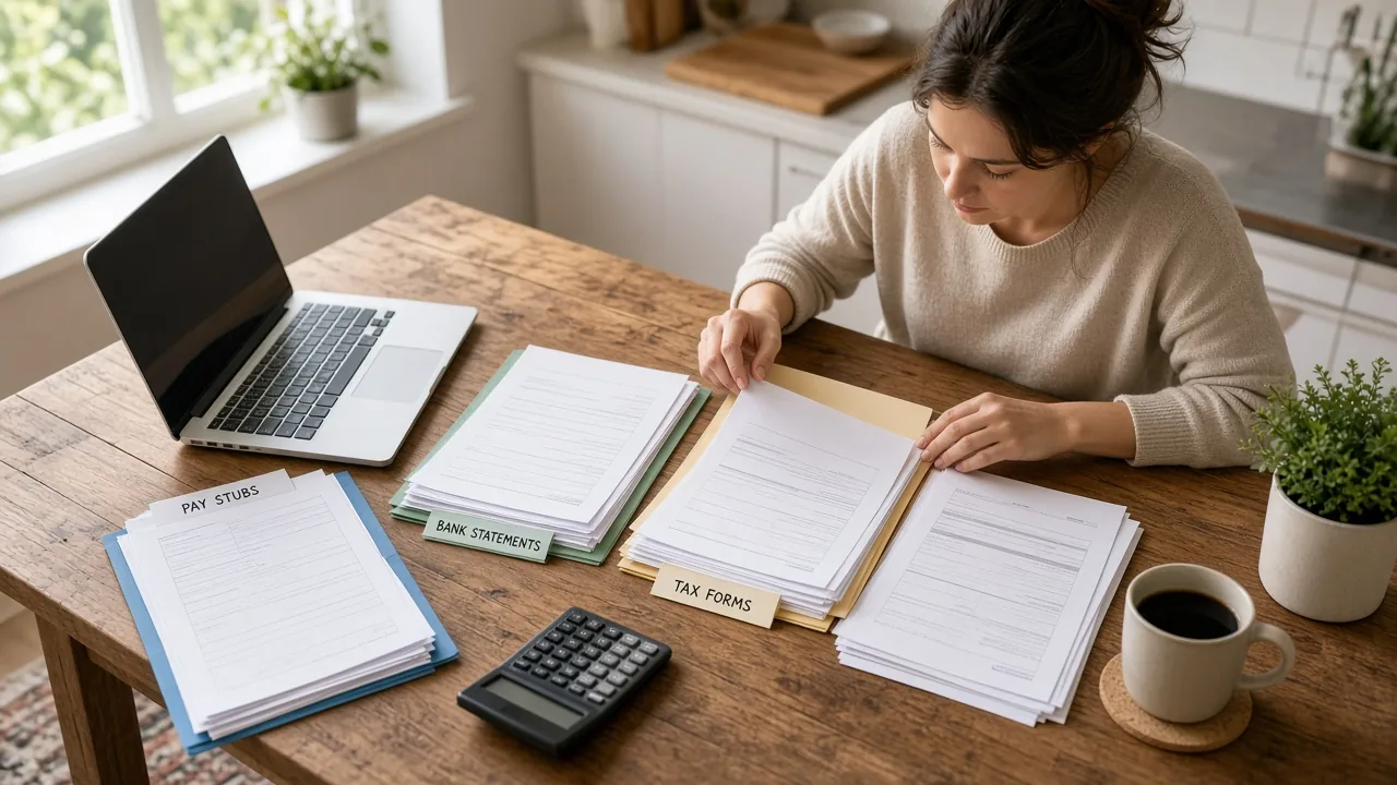 First-time home buyer organizing pay stubs, bank statements and tax forms before applying for a mortgage