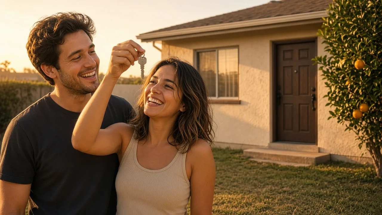 Young first-time home buyers in Riverside, CA holding up the key to their first home