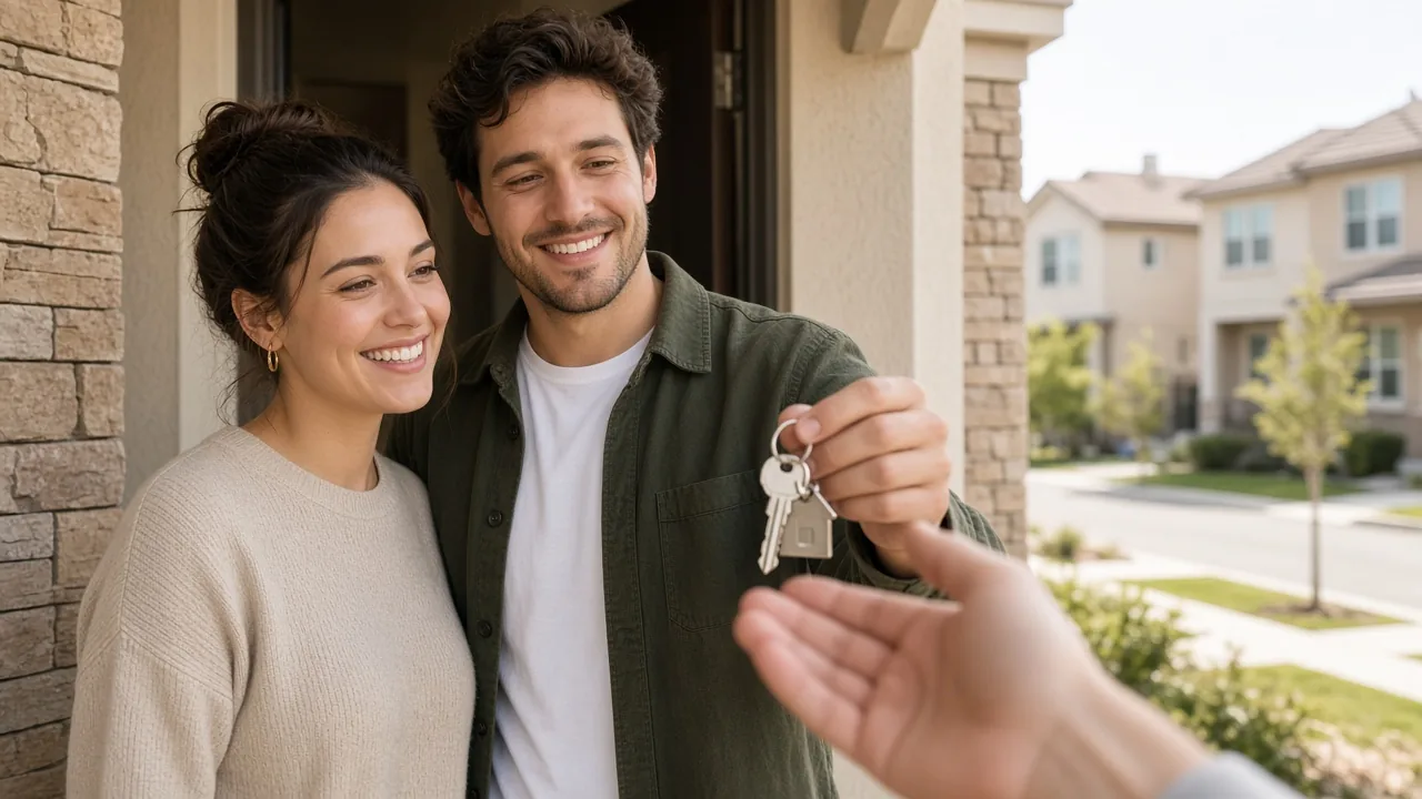 First-time home buyers in the Inland Empire receiving the keys to their new two-story home