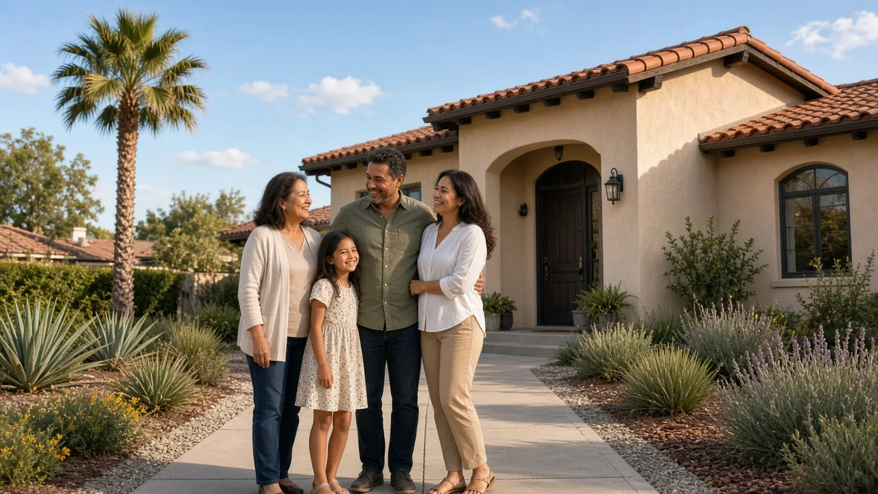 Family standing in front of a Spanish-style stucco home in Riverside County after getting a home loan