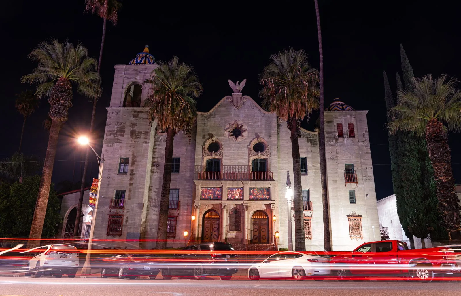 Riverside Municipal Auditorium and palm trees in downtown Riverside, CA, near First Lending Solutions' Riverside mortgage office