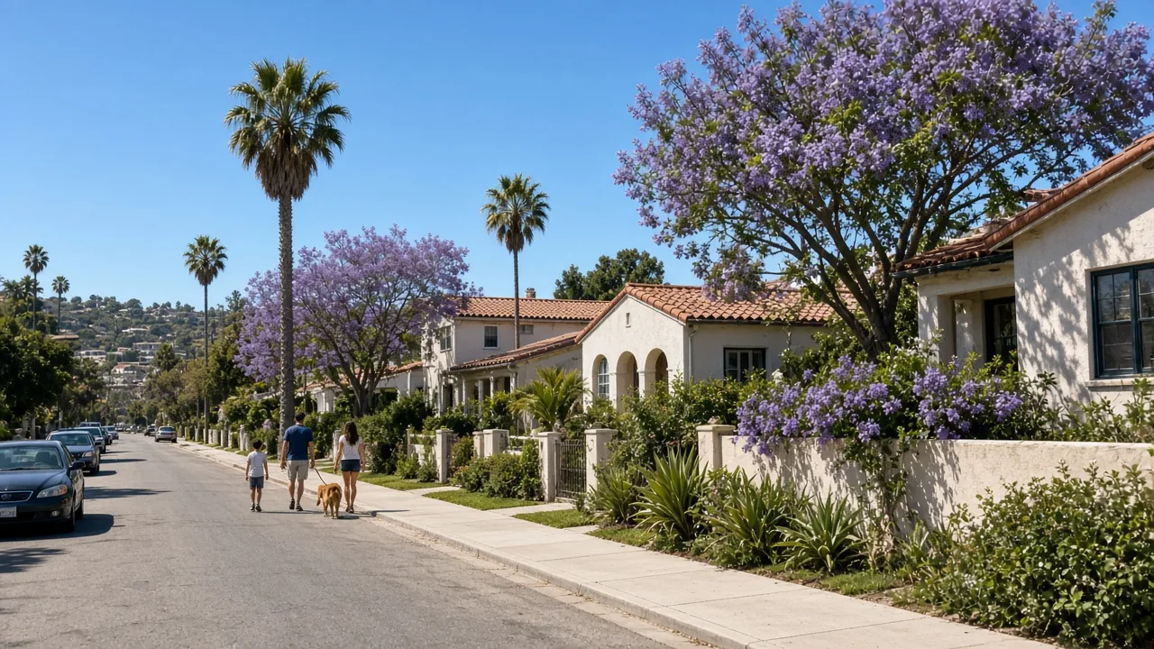 Sunny residential street with stucco homes, palm trees and jacarandas in a San Diego County neighborhood
