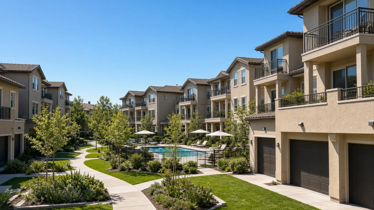 Townhome and condominium community with a shared pool, the kind of attached homes many first-time buyers consider in Temecula (illustrative image)