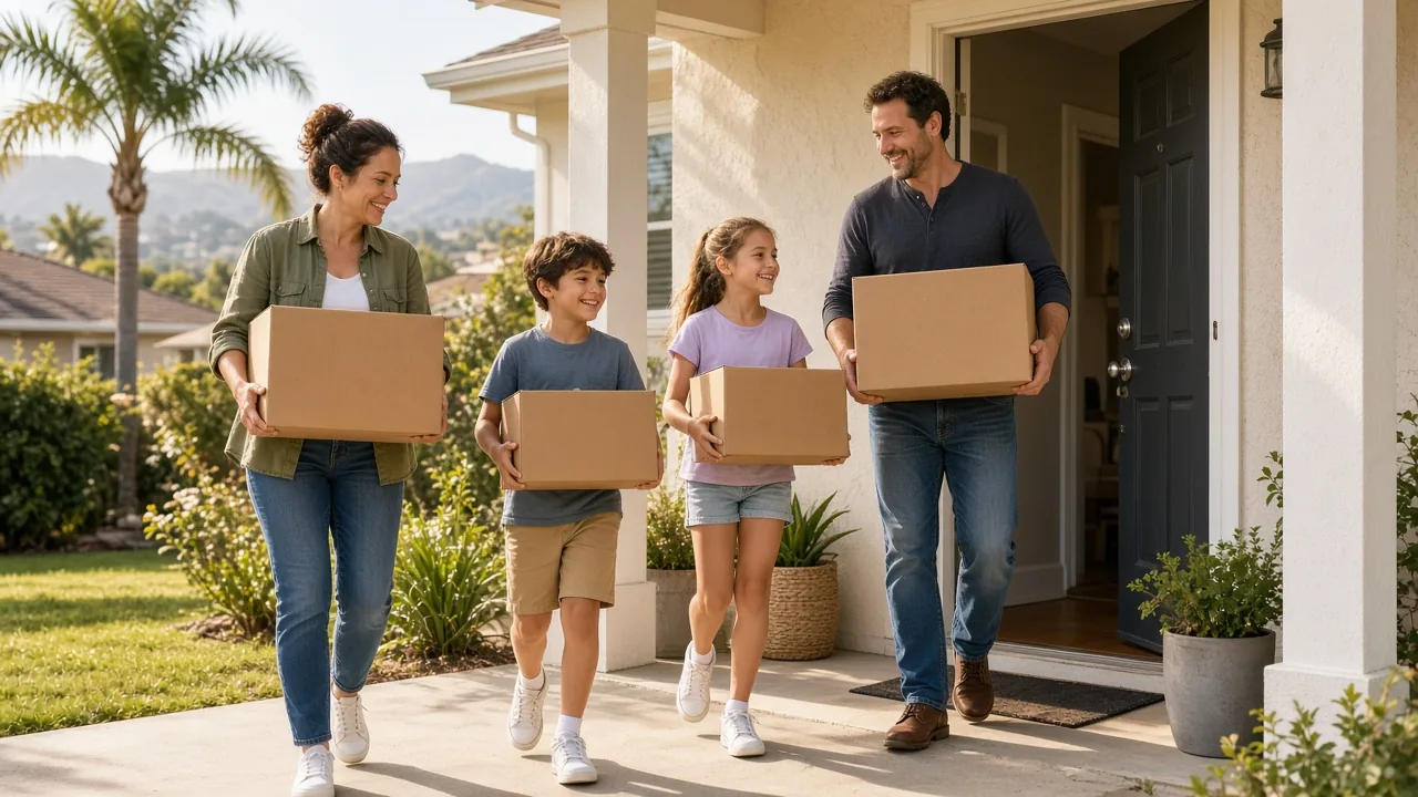 Family carrying moving boxes into their new home in Temecula, CA on moving day