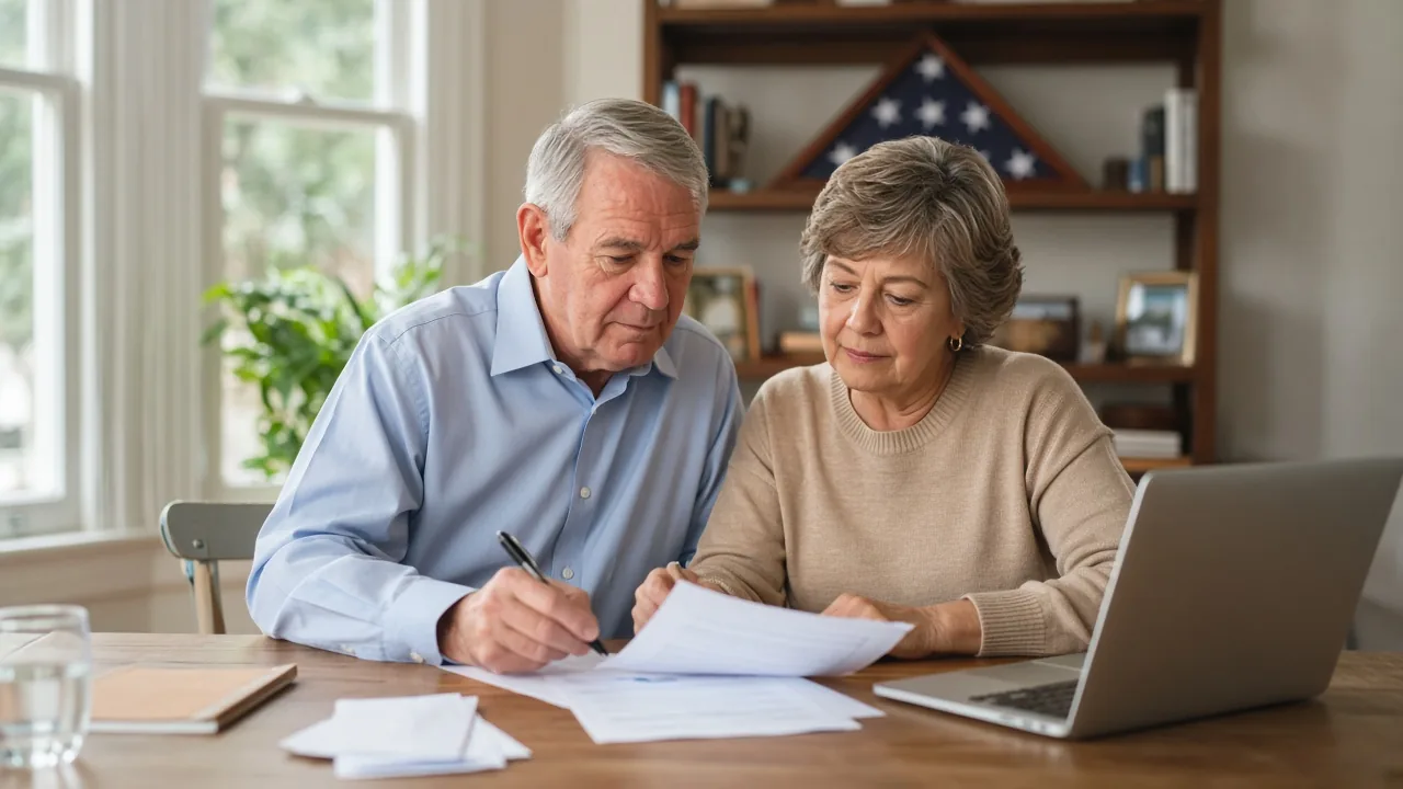 Veteran couple reviewing VA refinance options, including an IRRRL or VA cash-out refinance, at their dining table